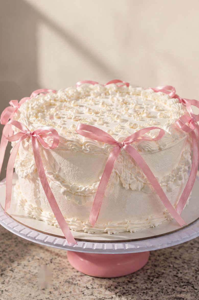 Bolo branco decorado com laços de fita rosa sobre uma bandeja